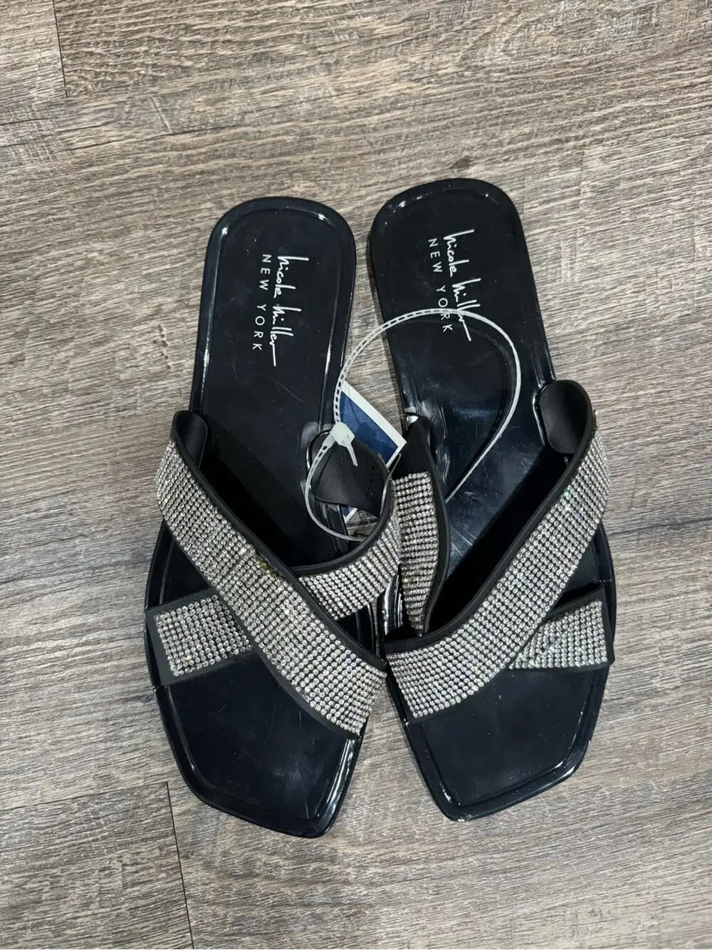 ANNA New York Black Crystal Crossband Slide Sandals